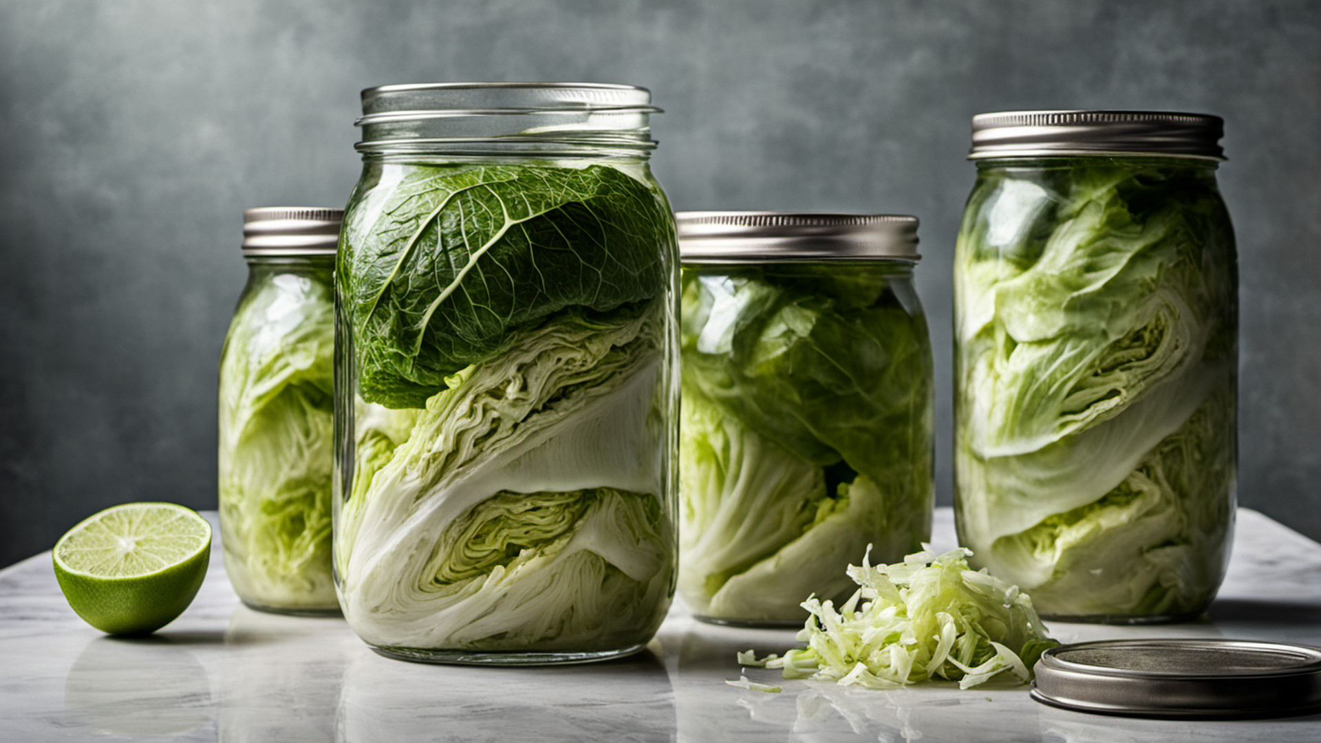 Editorial still life of a glass mason jar with shredded cabbage under clear brine on a clean countertop, no peppers, no jars of finished sauce