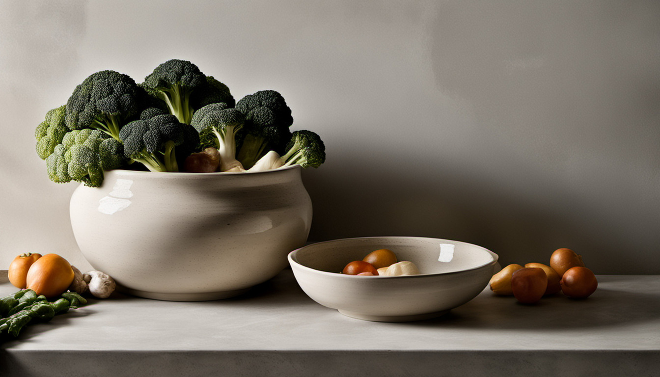 Editorial still life of a stone fermentation crock with vegetables held 1 to 2 inches under brine by a clean plate weight, no peppers, no labels