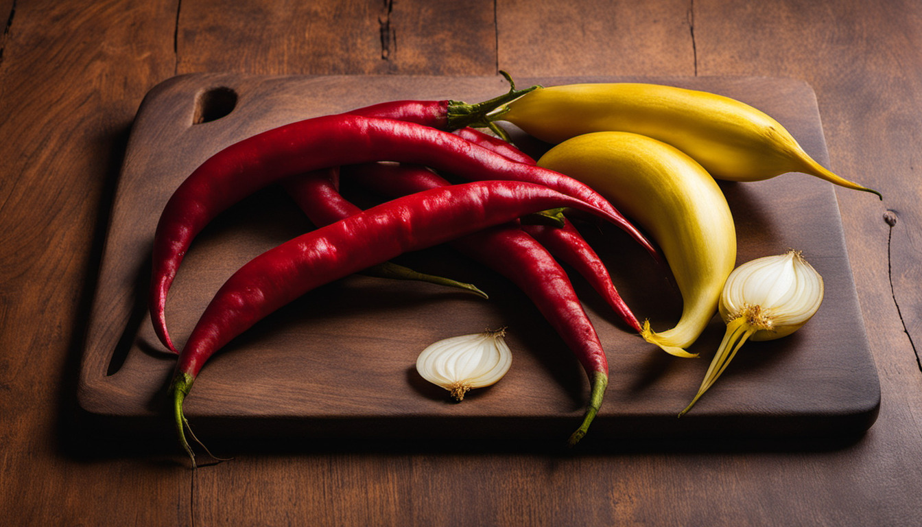 Editorial still life of three whole red cayenne peppers and a halved yellow onion on a clean wood cutting board, no sauce, no jars