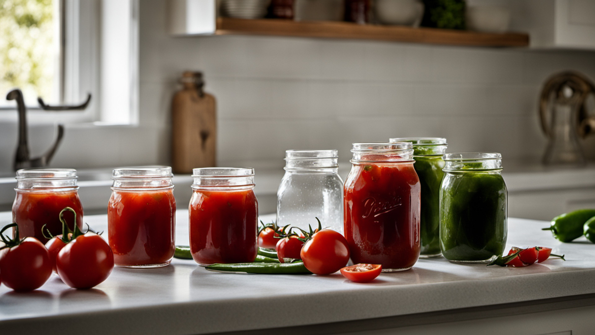Editorial still life of half-pint mason jars, an unlabeled vinegar bottle, diced tomatoes, and whole serrano peppers on a clean counter