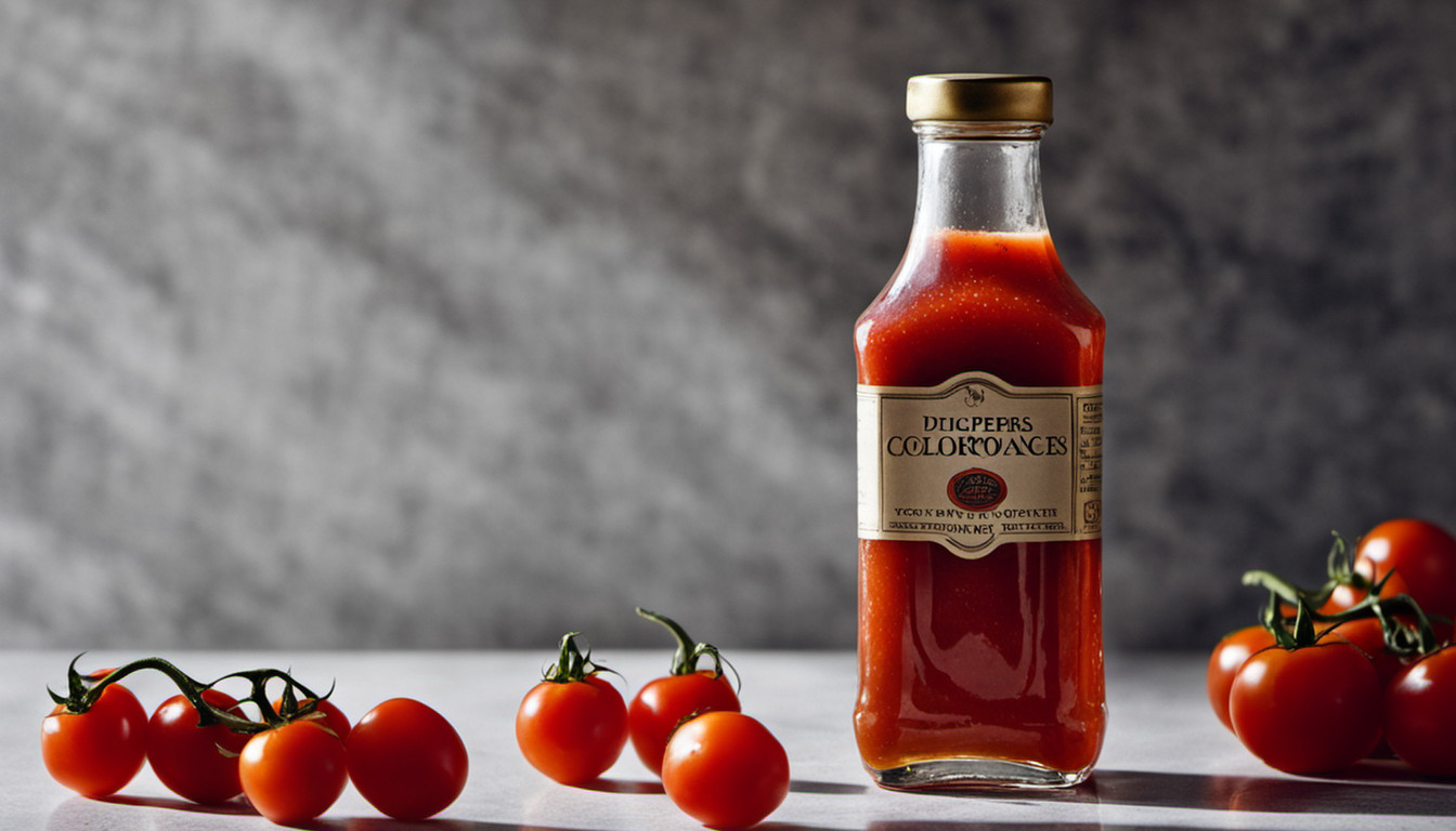 Editorial still life of an unlabeled vinegar bottle beside a bowl of diced tomatoes, no jars of finished sauce