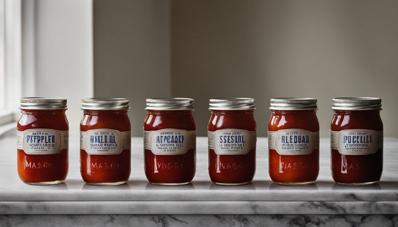 Editorial still life of a row of empty clear half-pint canning jars on a stone counter, lids set aside, no labels