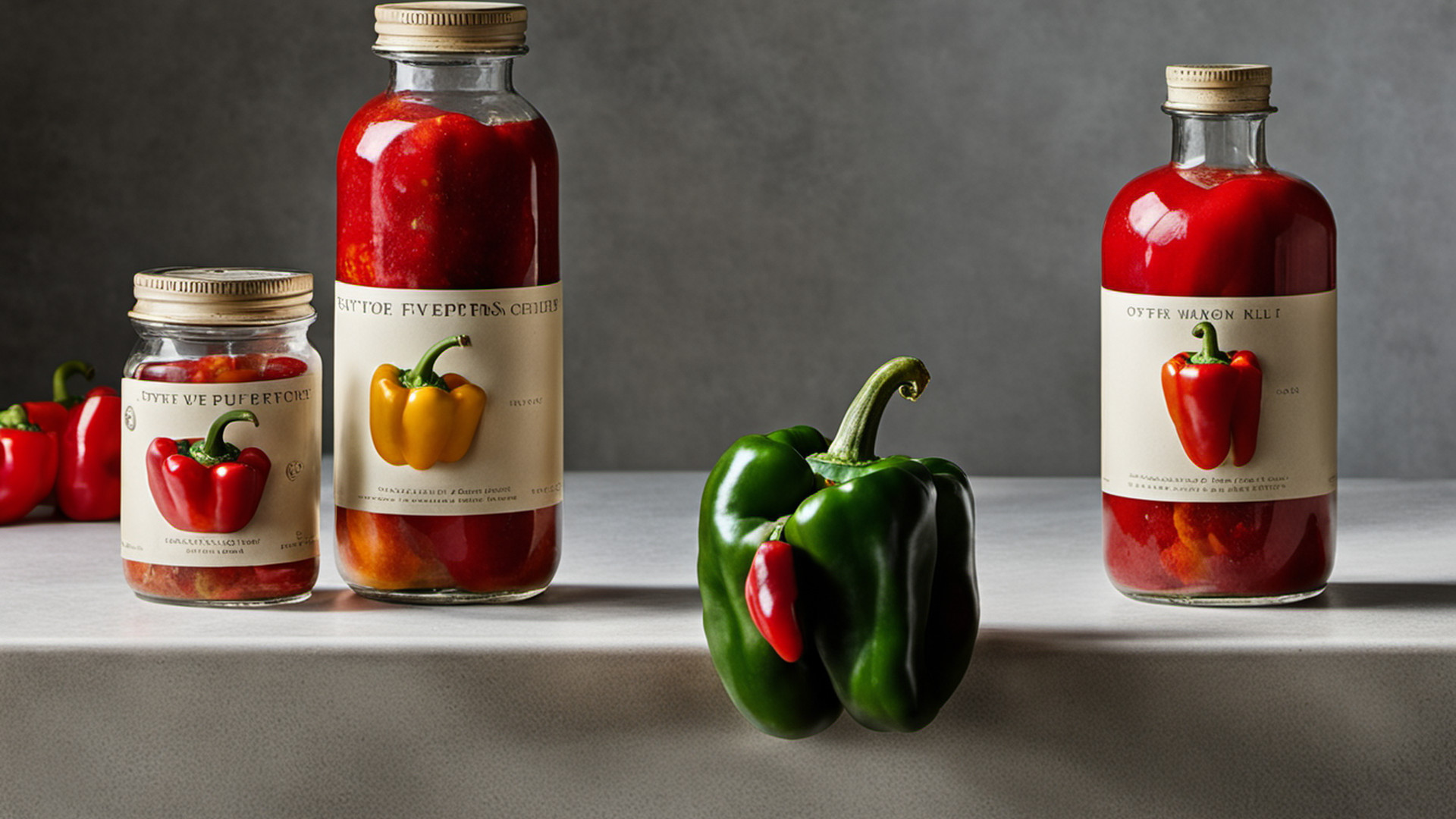 Editorial still life of whole firm green and red peppers on a clean counter, not chopped into mash