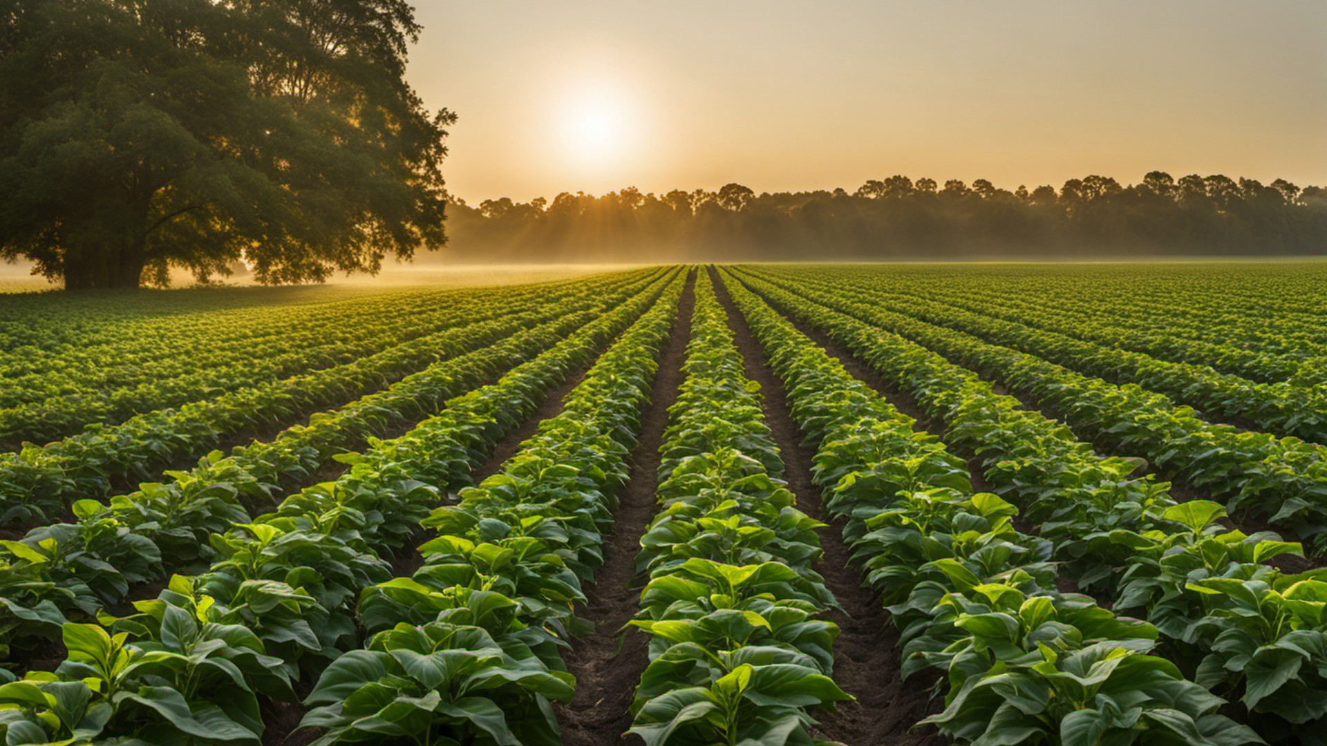 Generated neat rows of green pepper plants on a farm field at sunrise