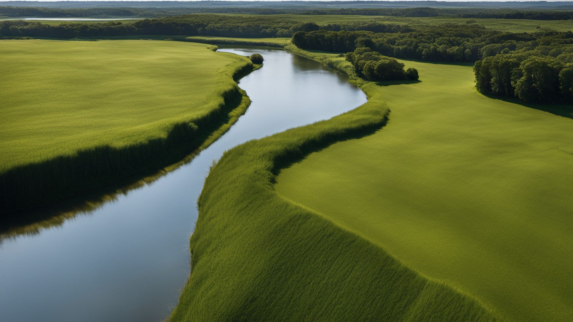 Generated grassy peninsula beside a broad river