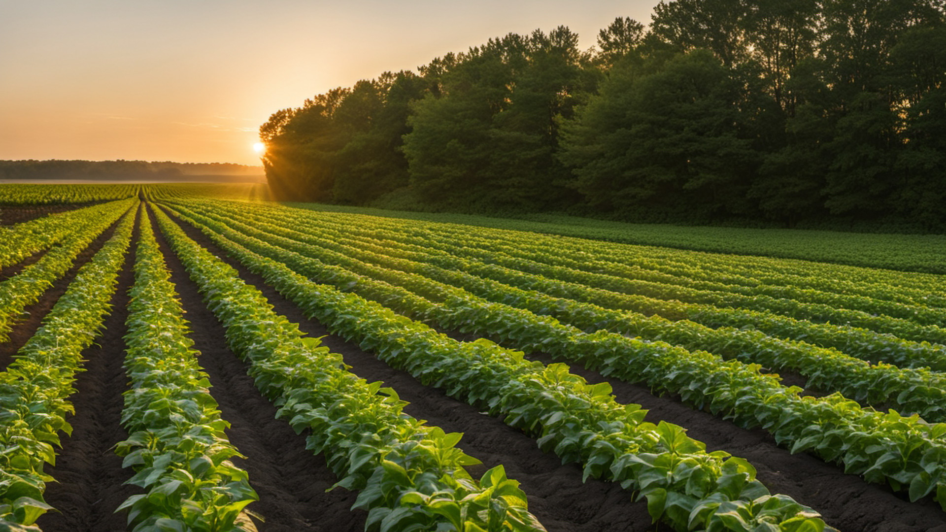 Generated neat rows of green pepper plants in a small farm plot at sunrise