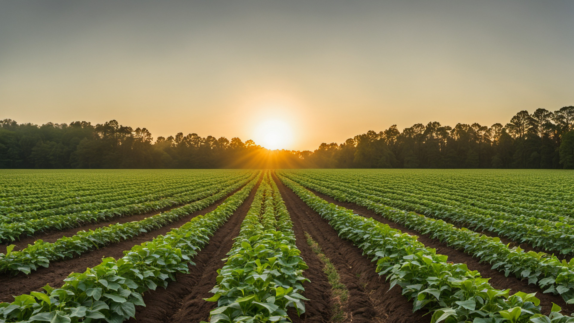 Generated neat rows of green pepper plants on a farm field at sunrise