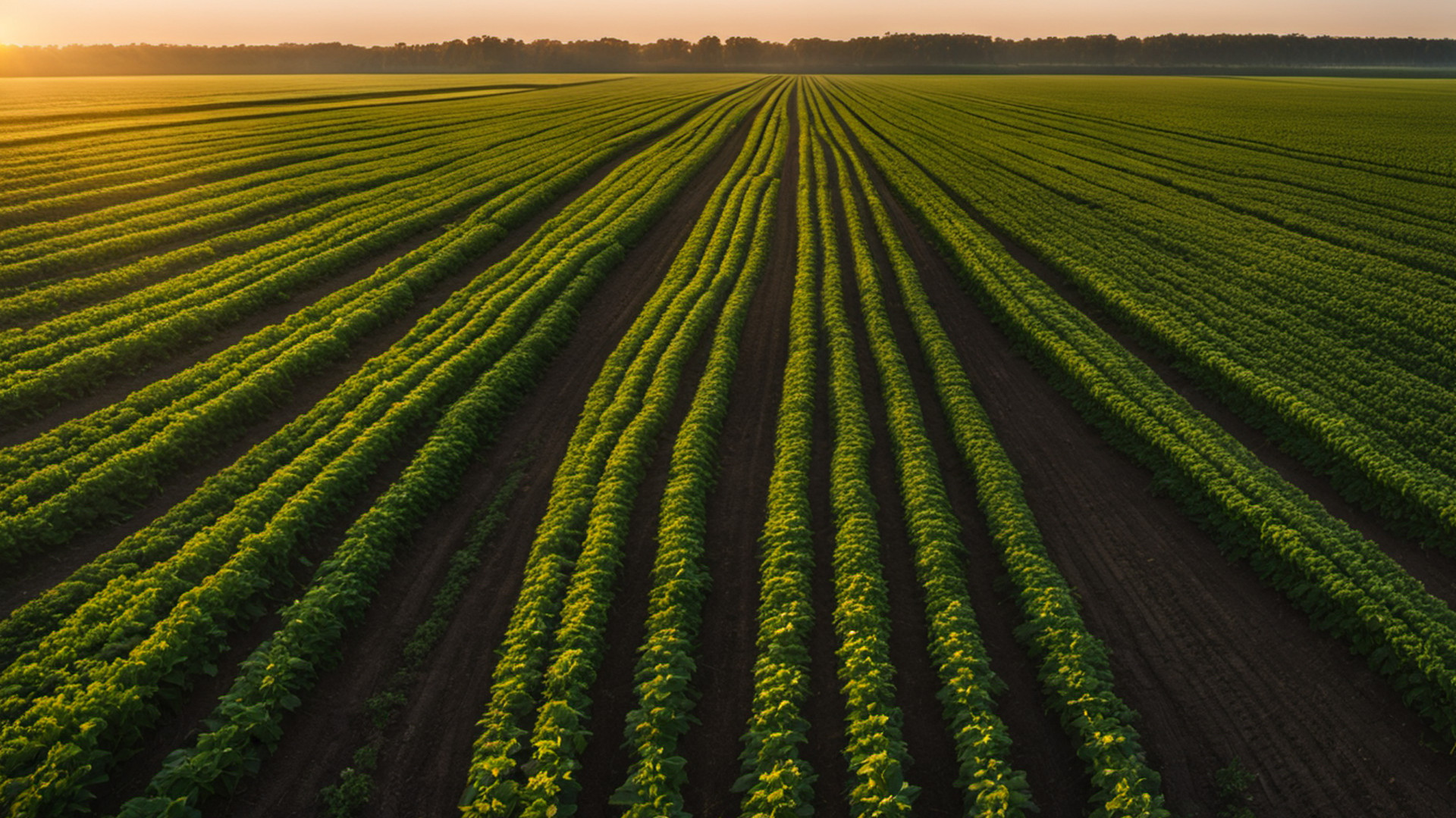Generated flat Midwestern farm field of green crop rows at sunrise