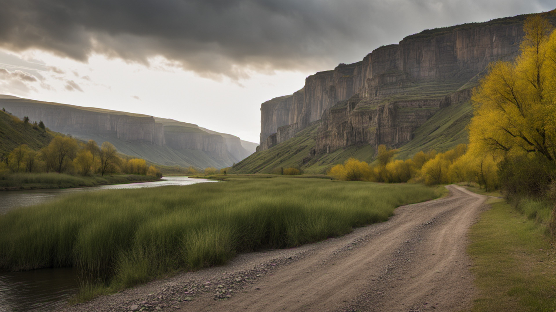 Generated shale cliffs above a wooded river valley