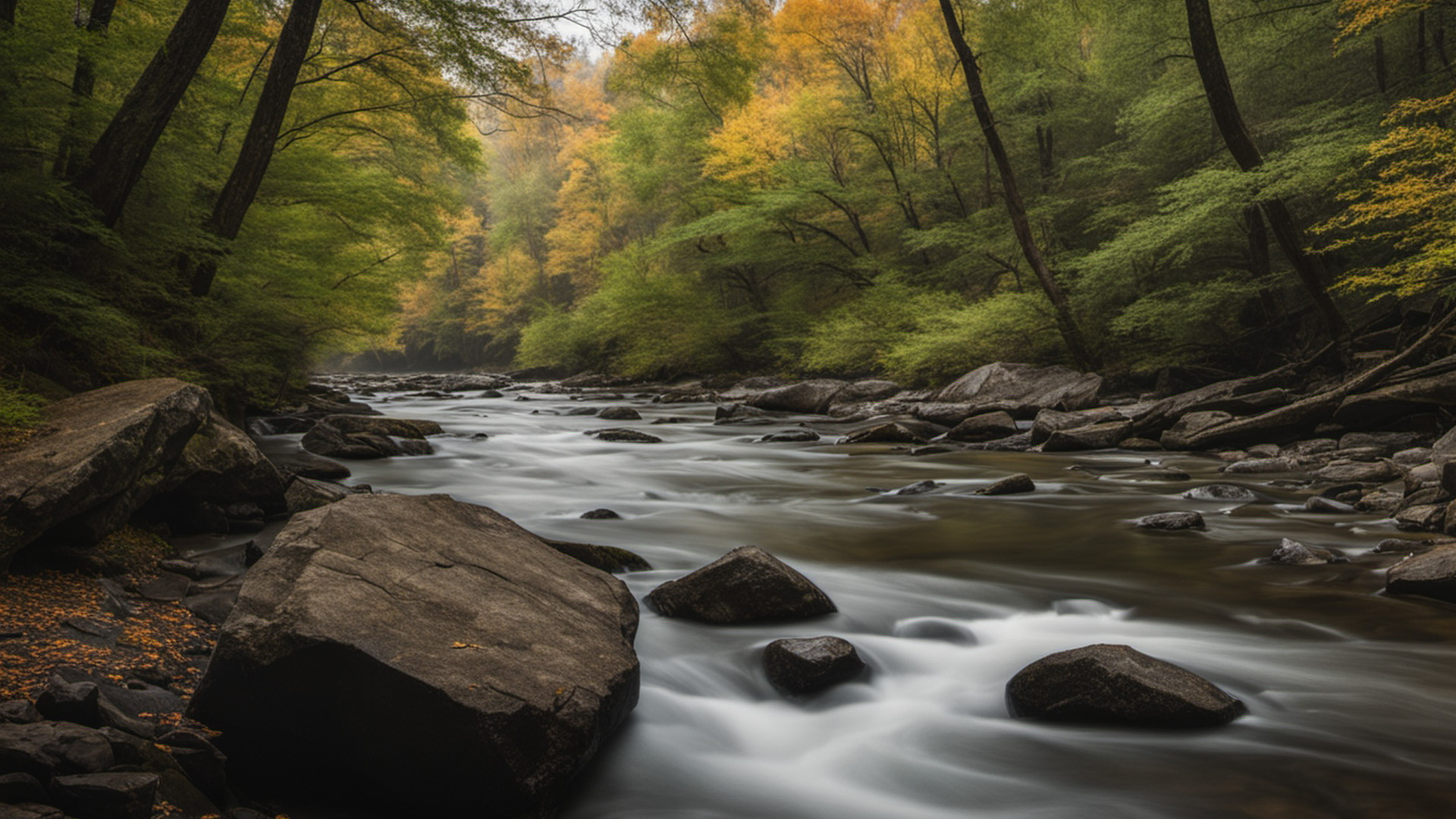 Generated rocky river through wooded reservation