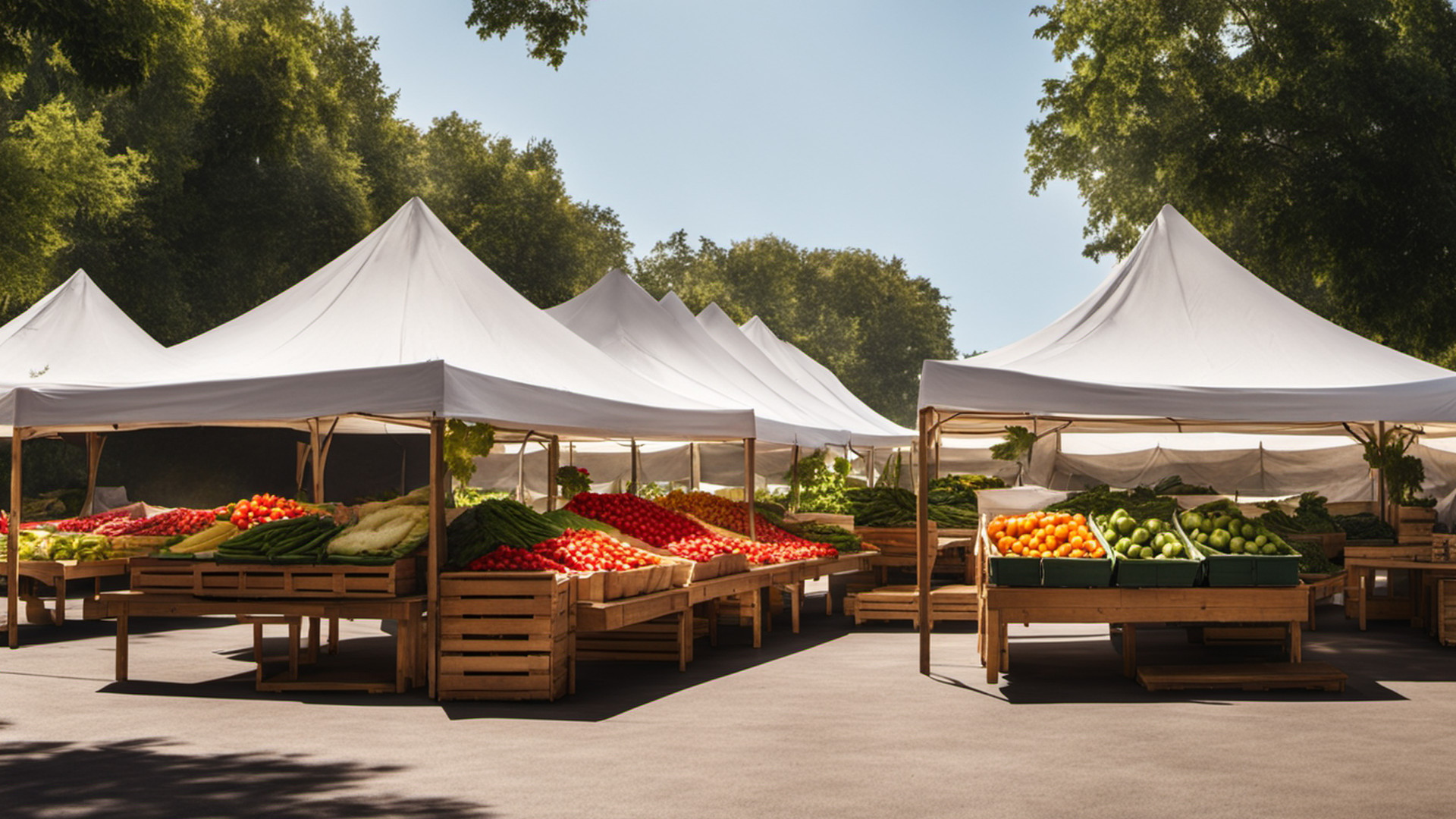 Generated empty open-air farmers market with covered stalls and tables of fresh peppers and produce