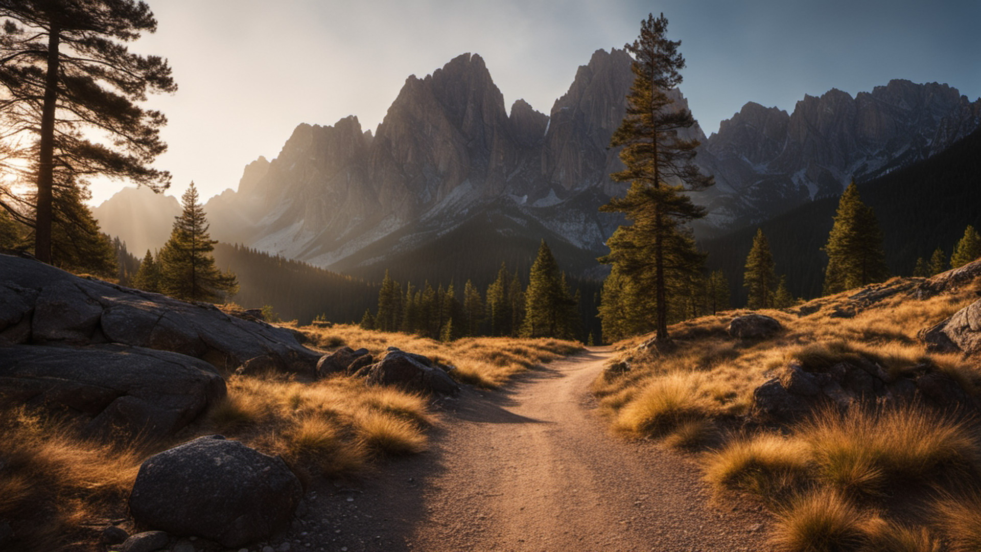 Generated scenic mountain parkland and pine forest