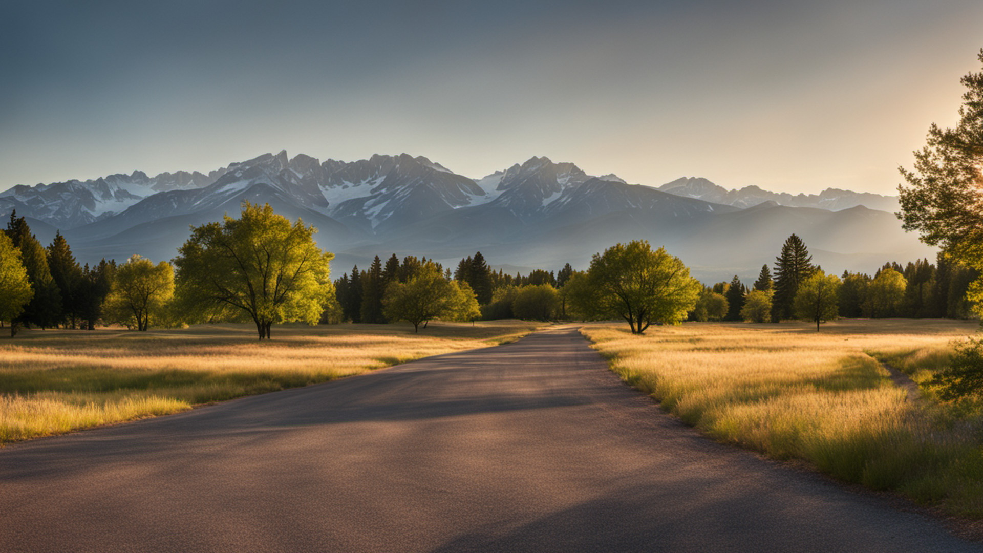 Generated mountain parkland with an open trail and parkway