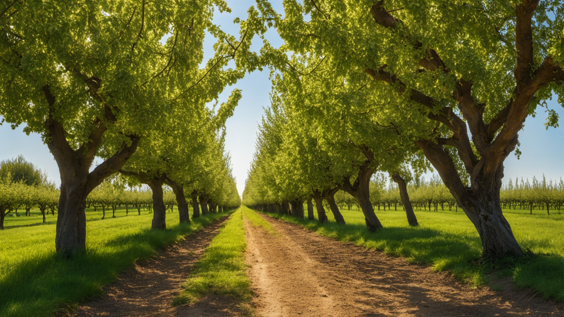 Generated cherry orchard with straight rows of green trees under a clear sky