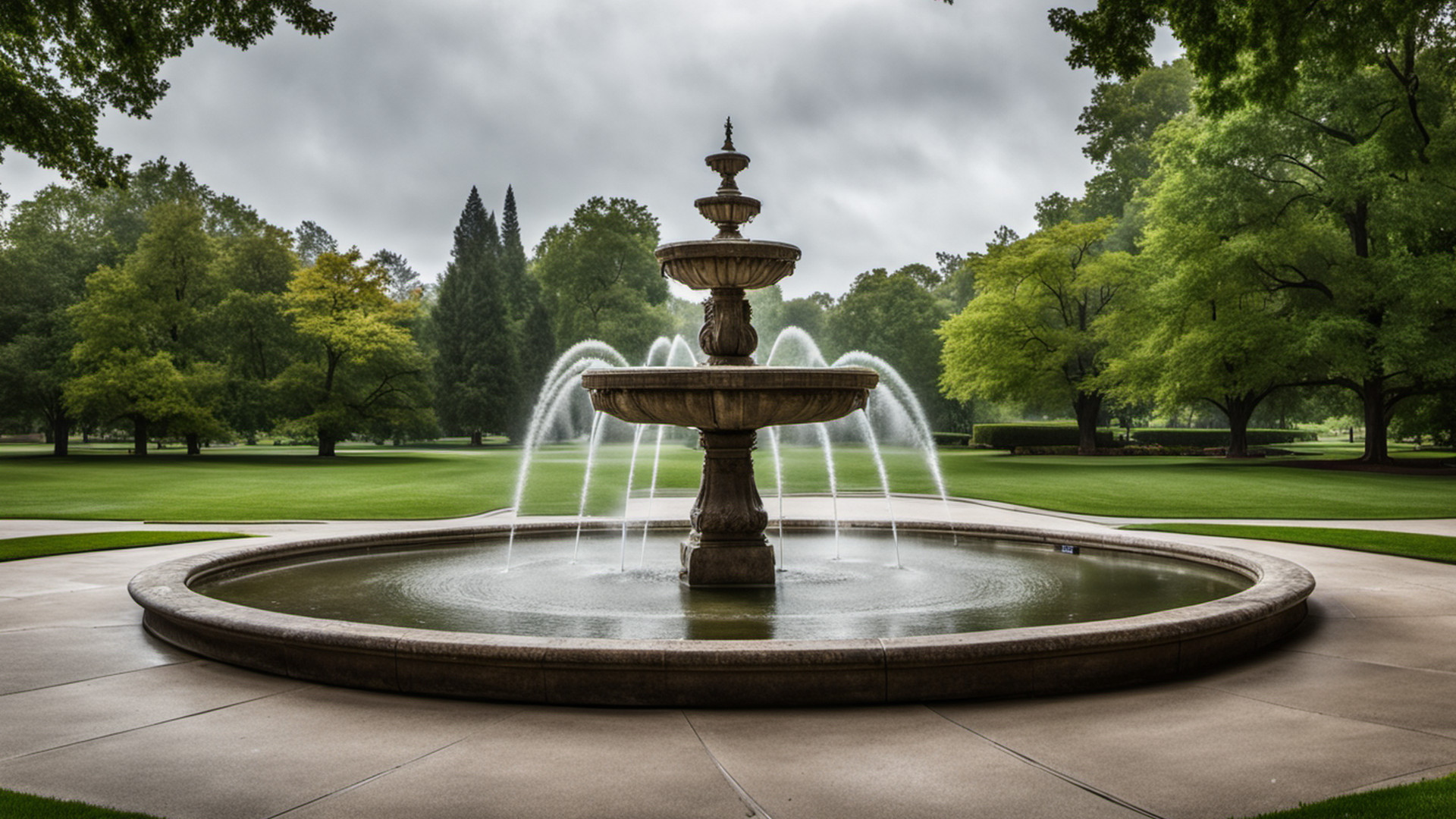 Generated empty stone fountain with water jets in a city park