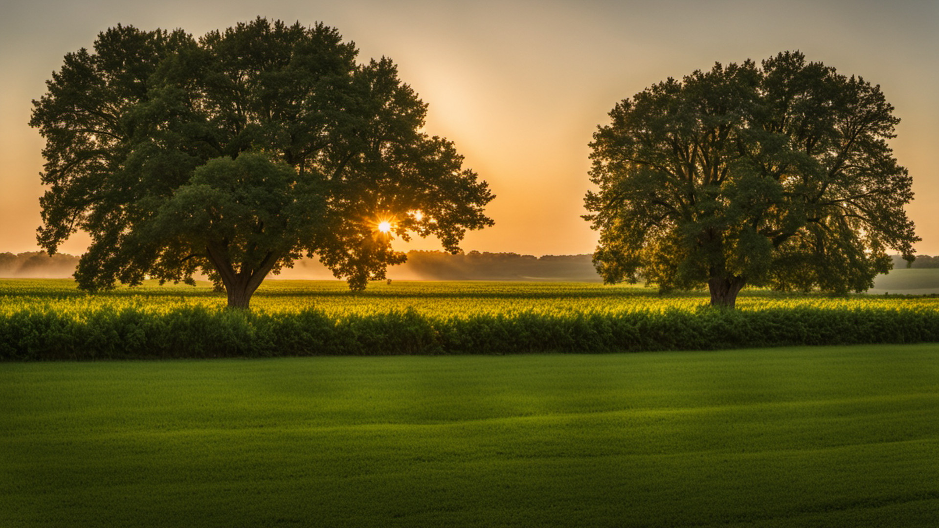 Generated two large trees beside green farm fields at sunrise in rural Wisconsin