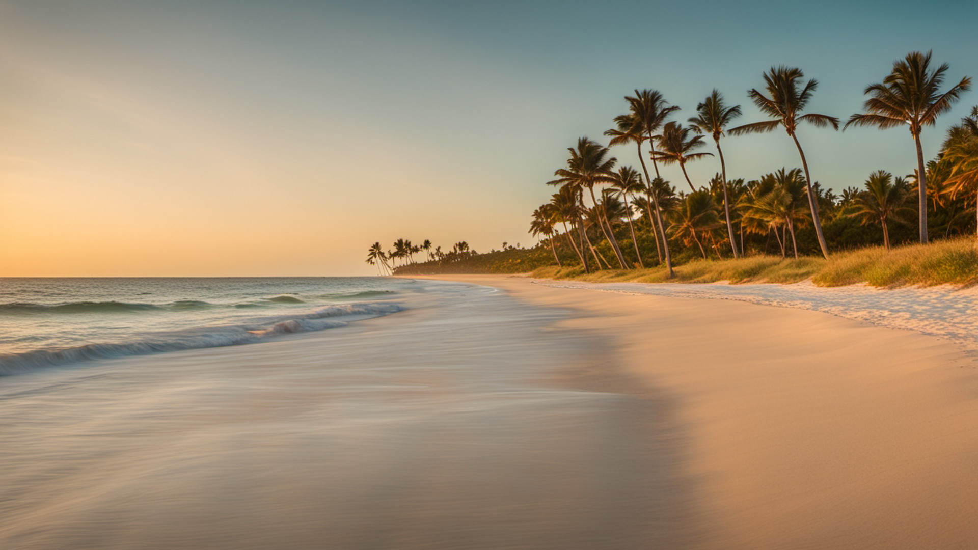 Generated calm sunlit Atlantic beach shoreline with palm trees at sunrise