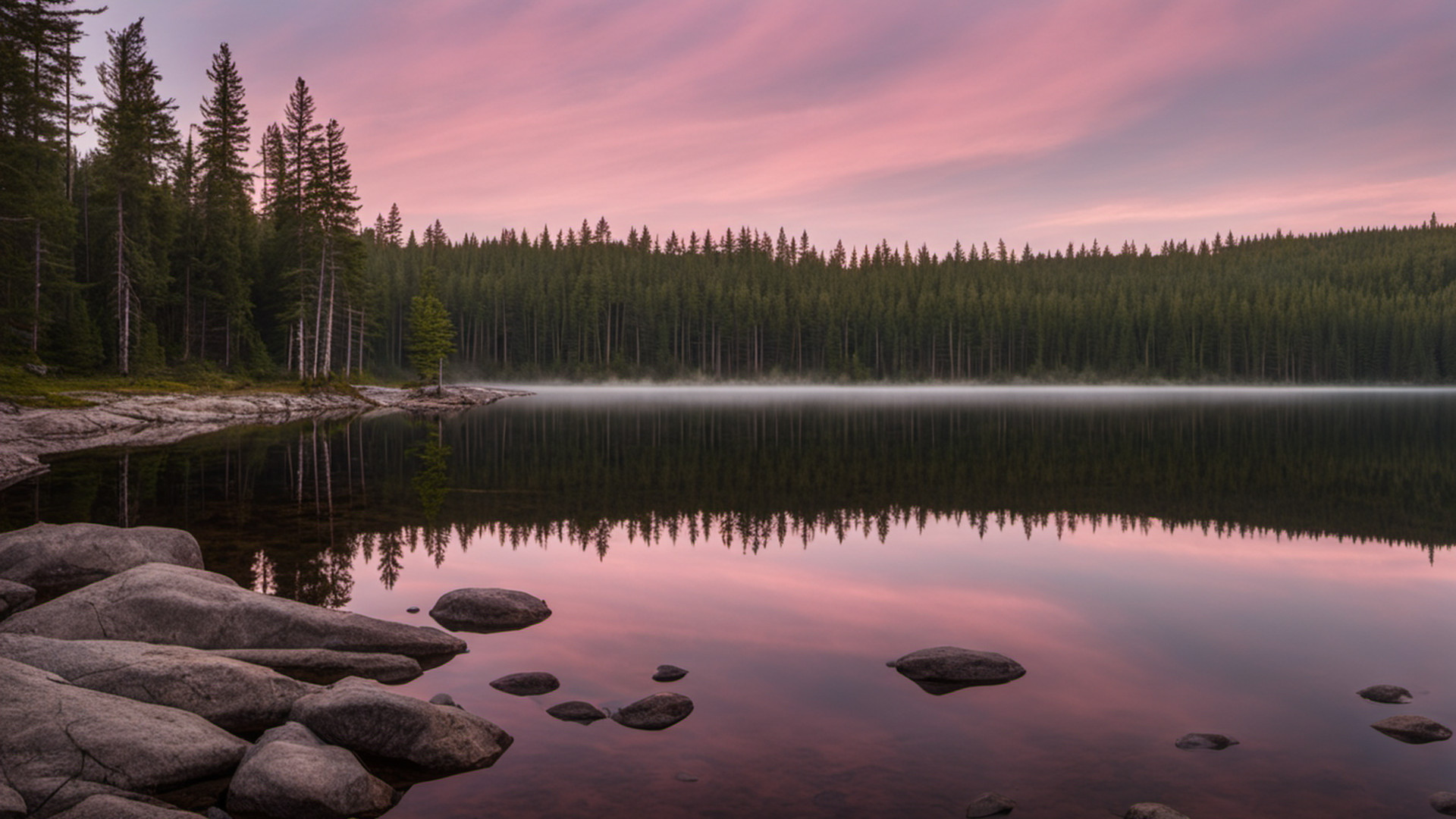 Generated calm northern lake with a pine-forested shoreline at sunrise