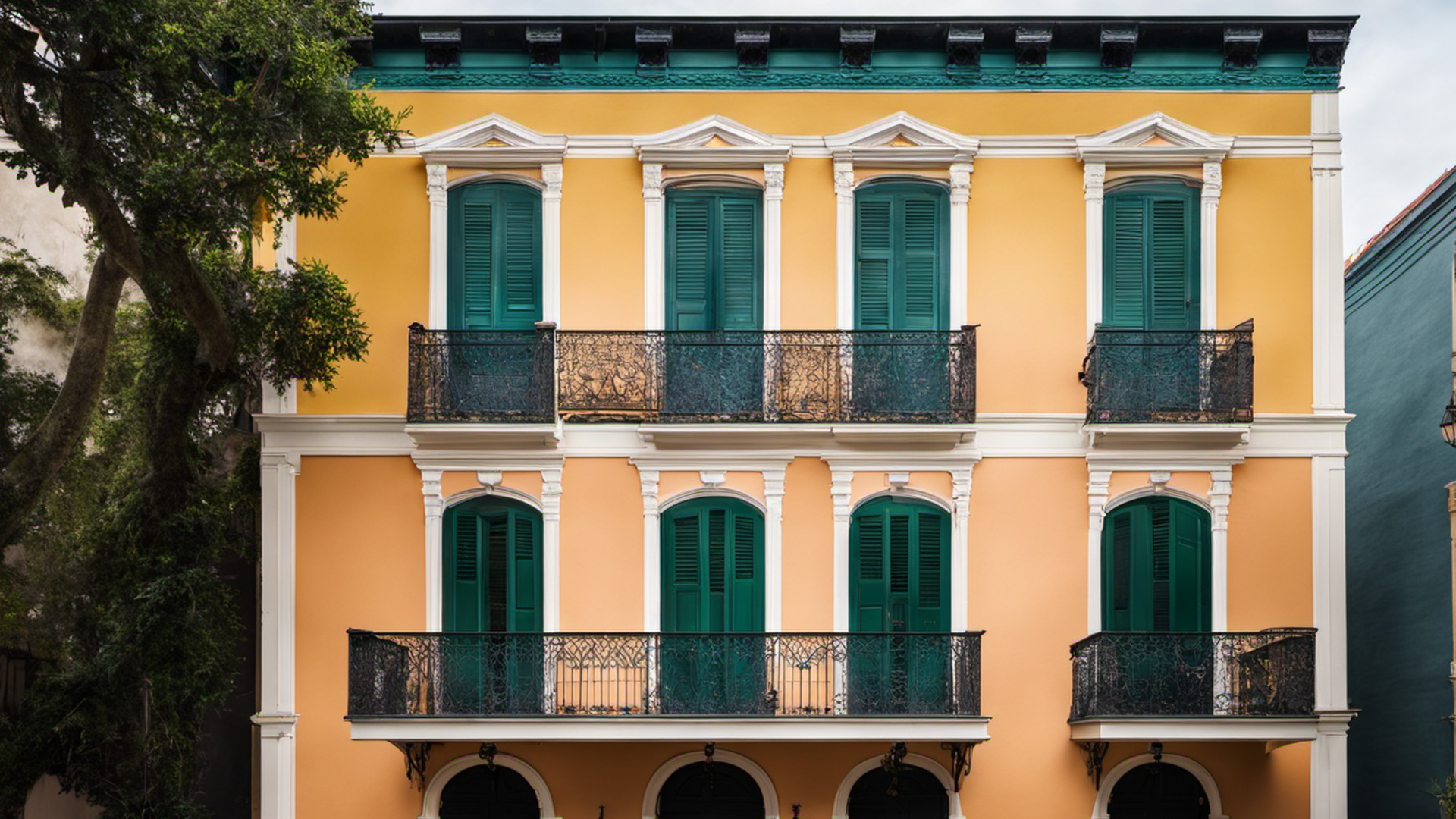 Generated colorful Creole townhouse facade with a cast-iron balcony