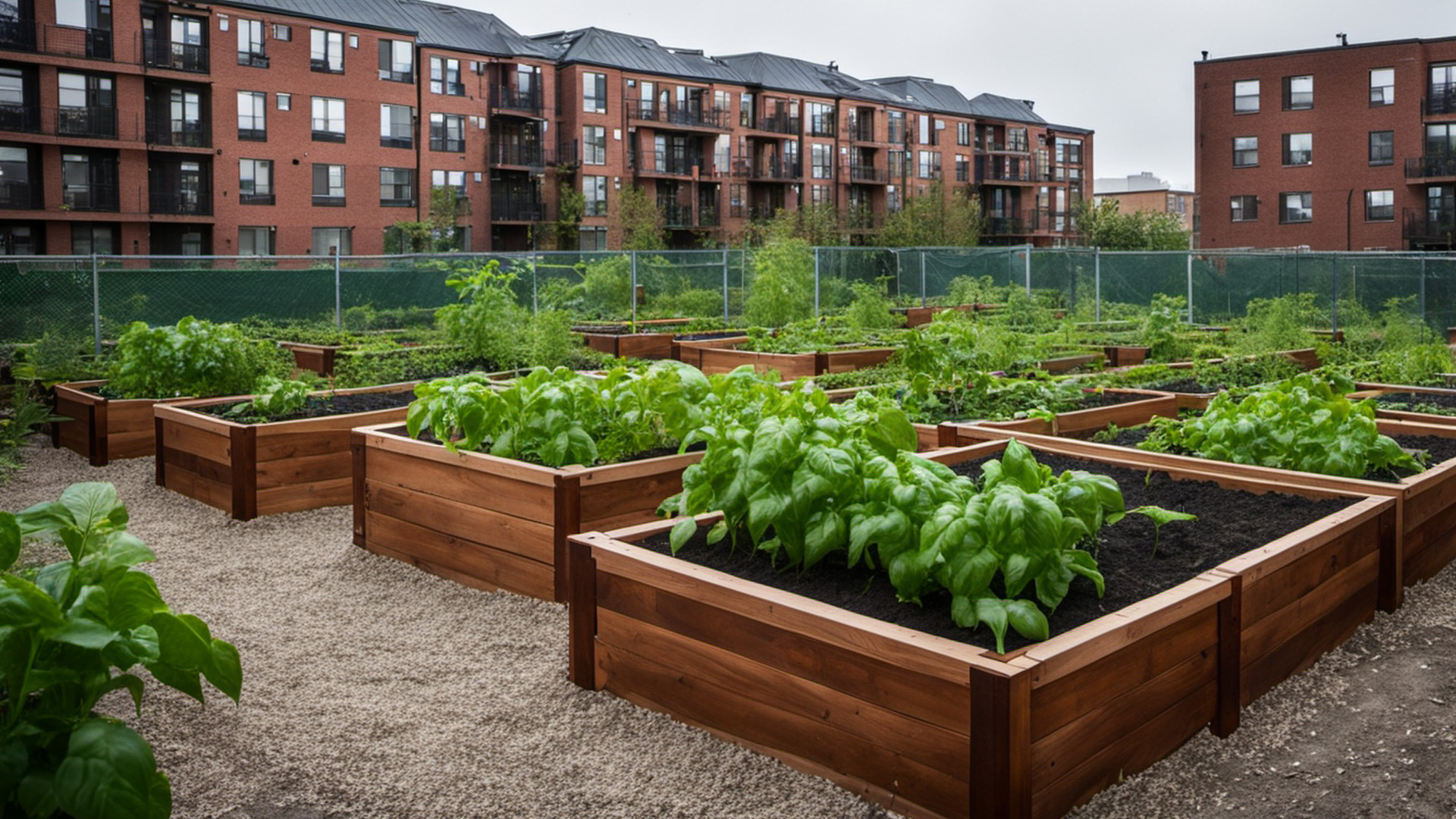 Generated urban community garden with raised wooden beds beside brick apartment buildings