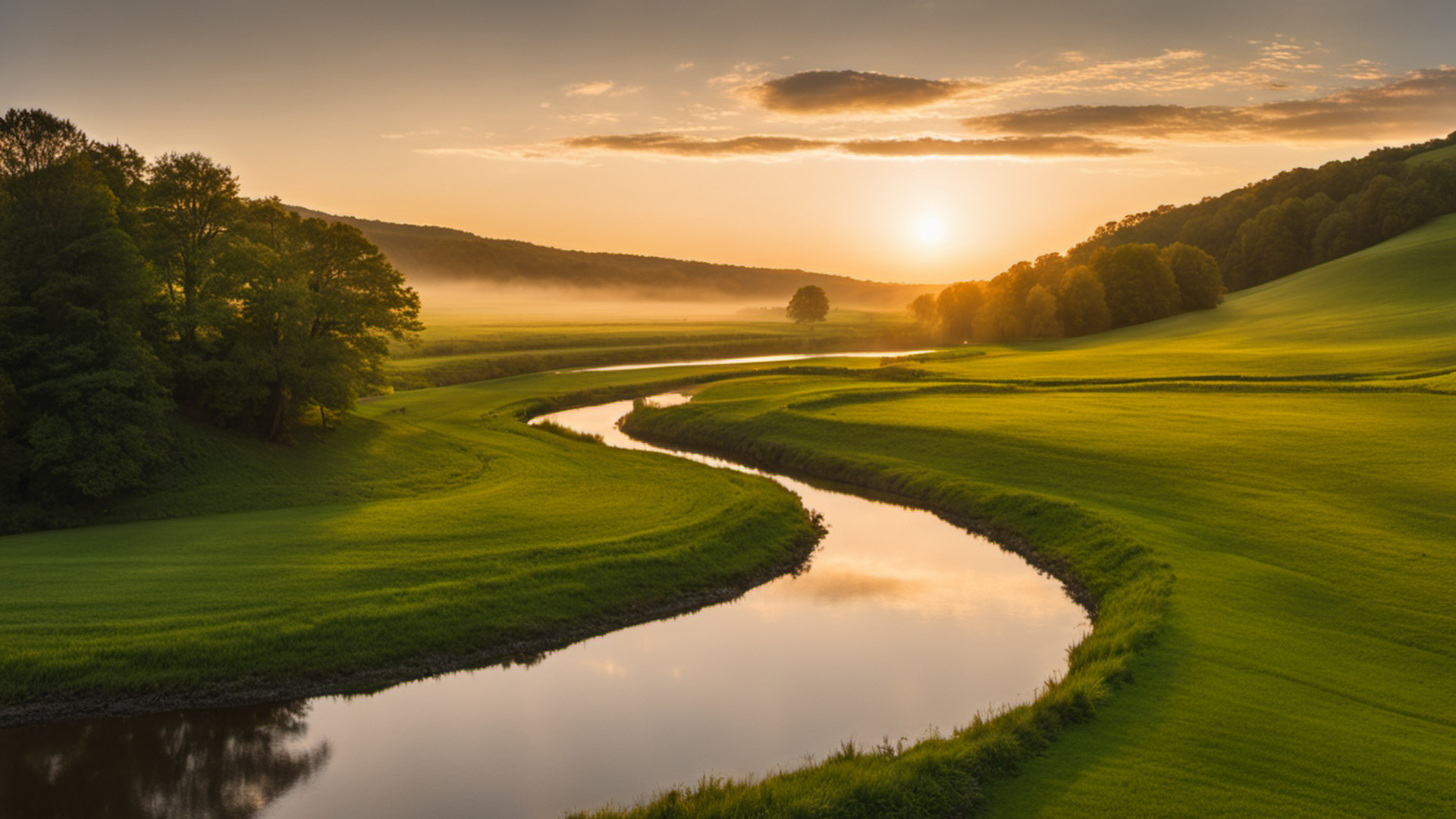 Generated quiet creek beside green farm fields in rolling countryside at sunrise