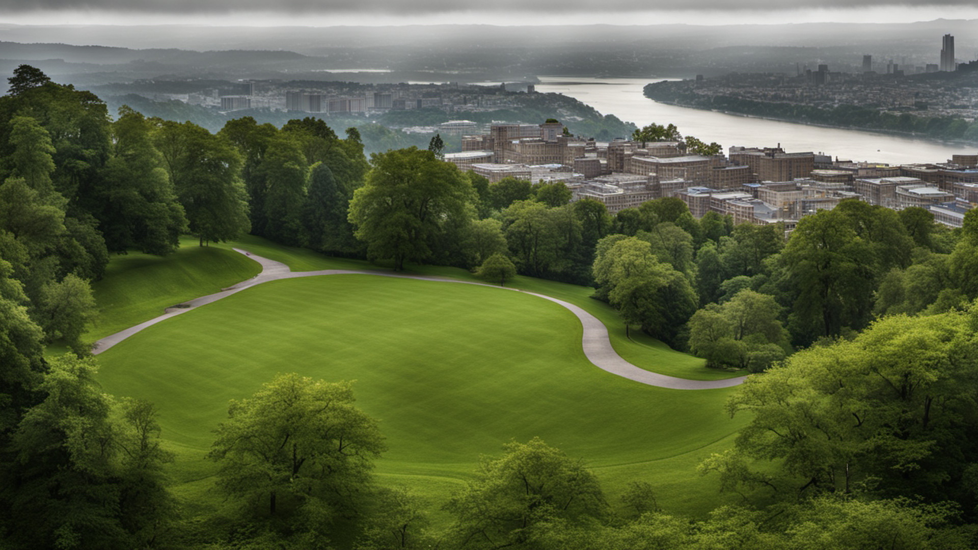 Generated hilltop park overlook above a river valley