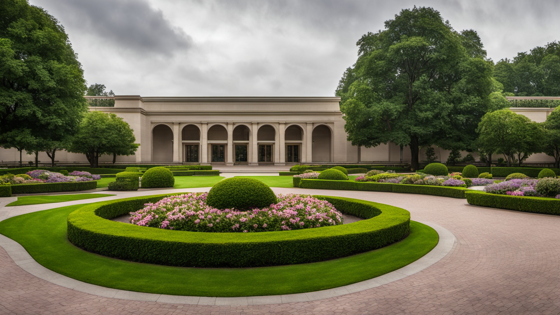 Generated park plaza lawn and a formal entry garden