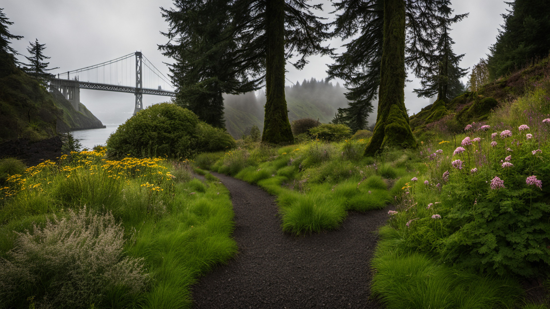 Generated Portland nature patch with flowers, gravel path, and St. Johns Bridge