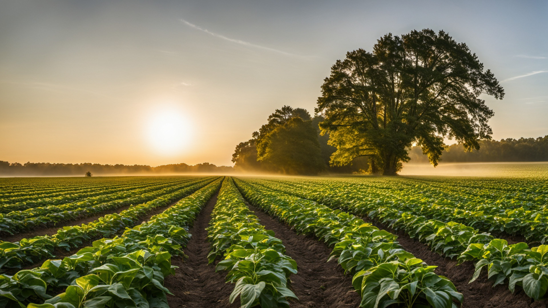 Generated neat rows of green pepper plants on a farm field at sunrise
