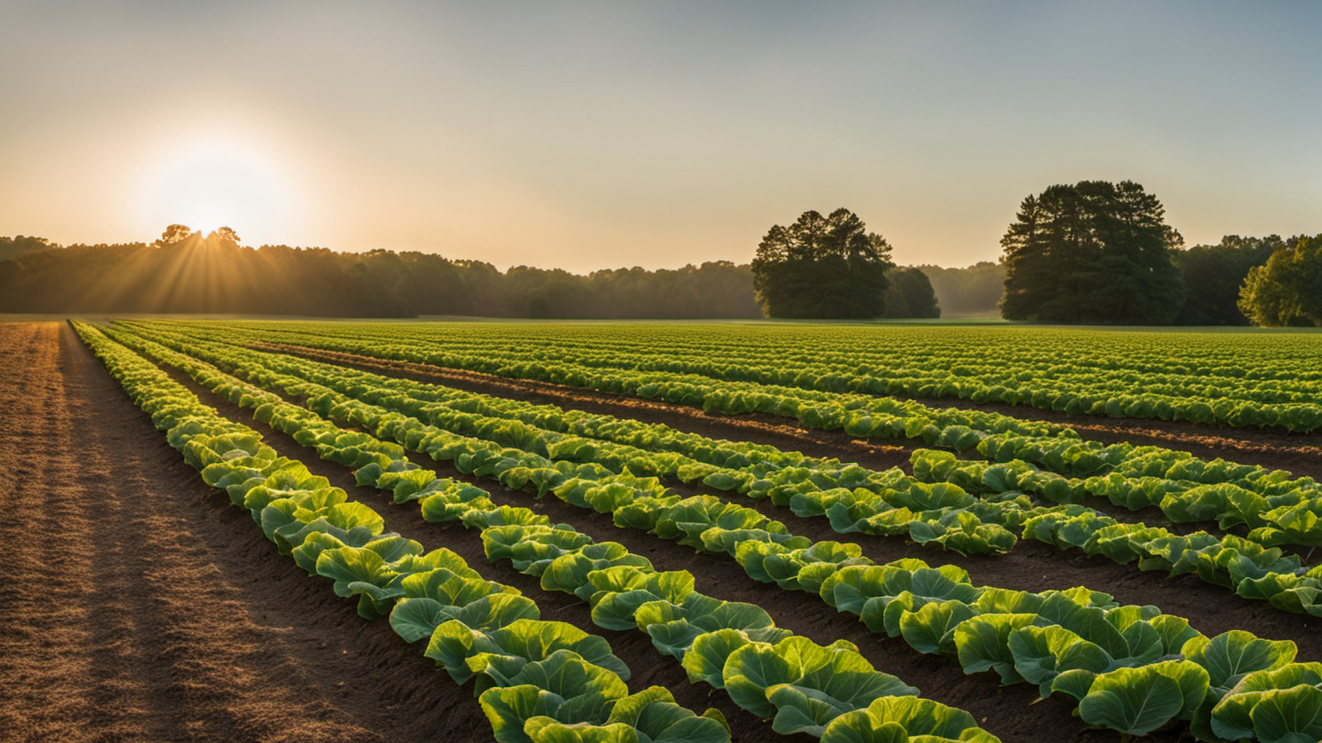 Generated neat rows of green vegetable plants in a garden beside a field at sunrise