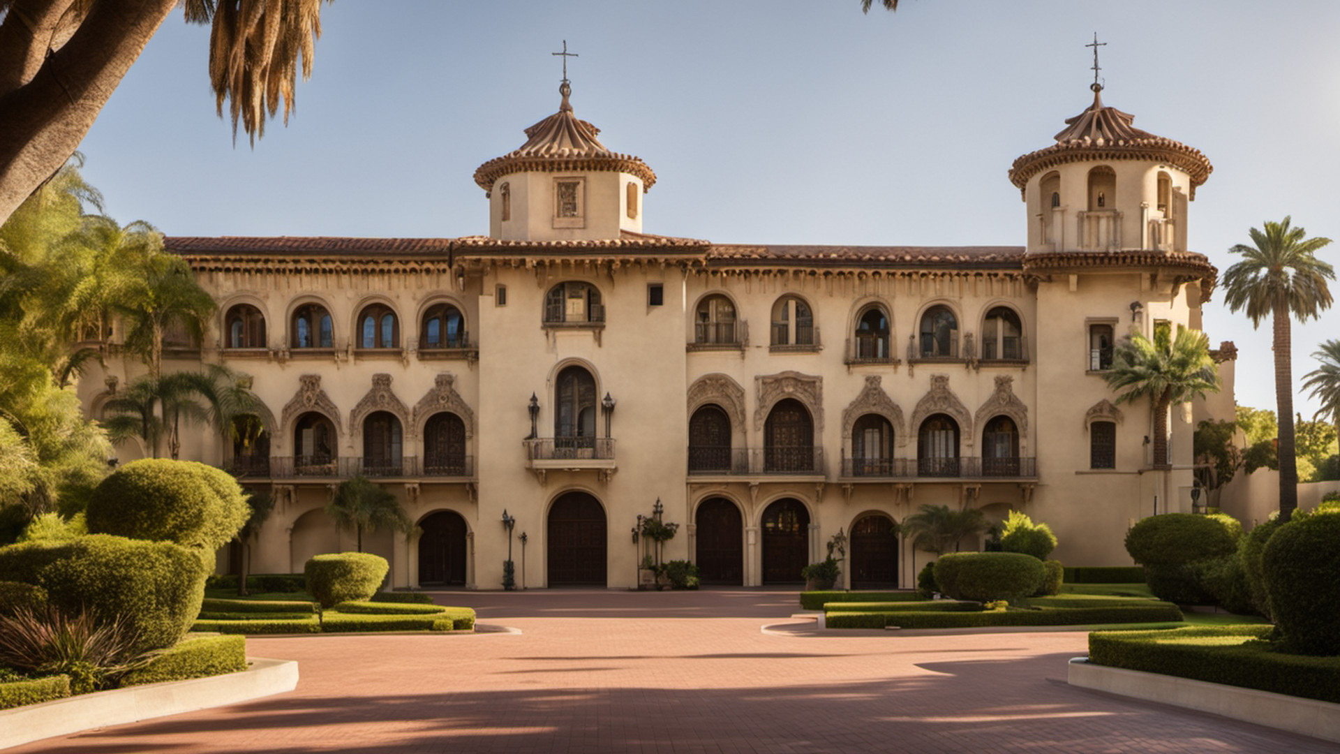 Generated Spanish Colonial Revival museum buildings along a park promenade