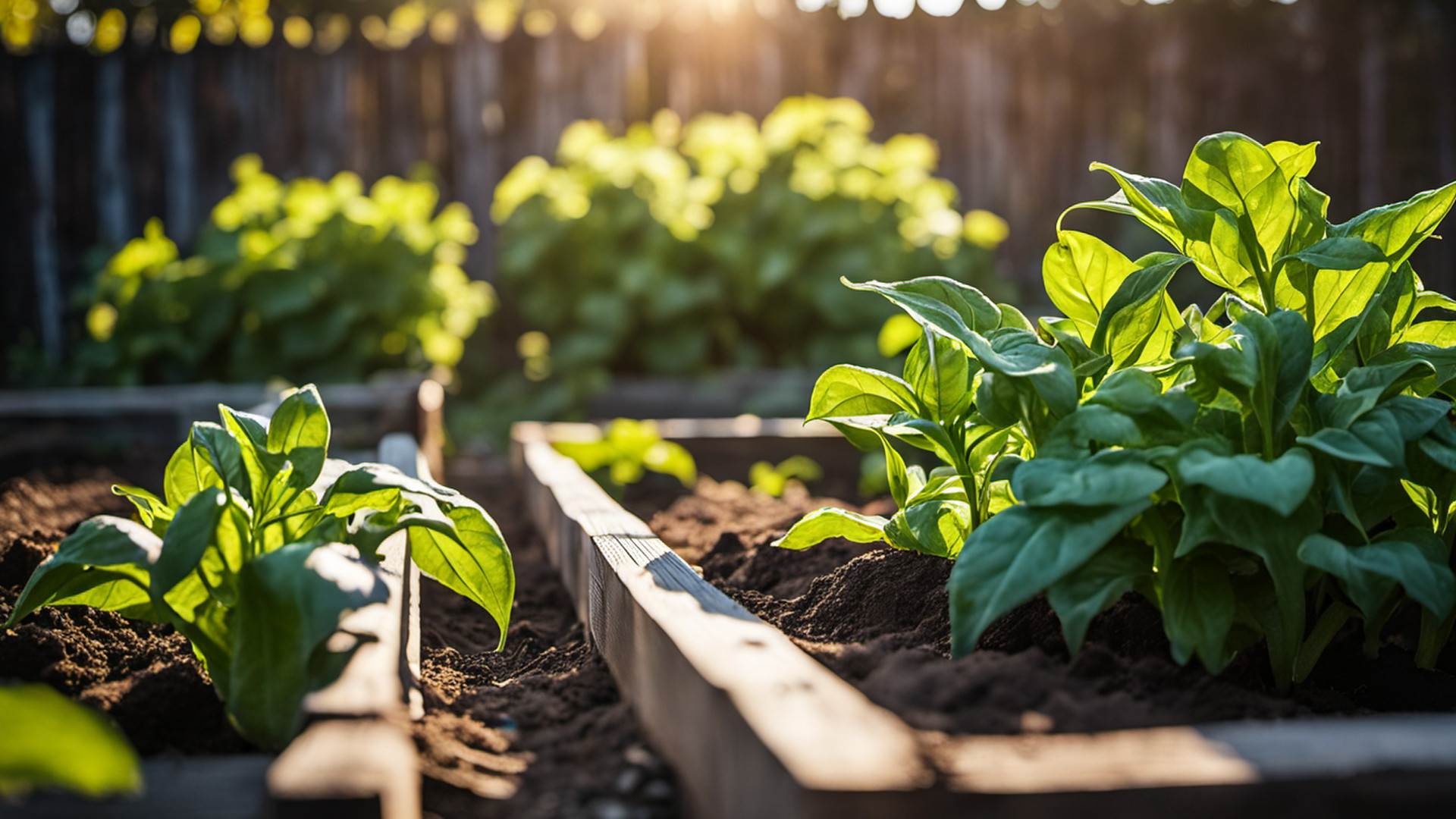 Generated leafy green plants in a raised garden bed beside a wooden fence