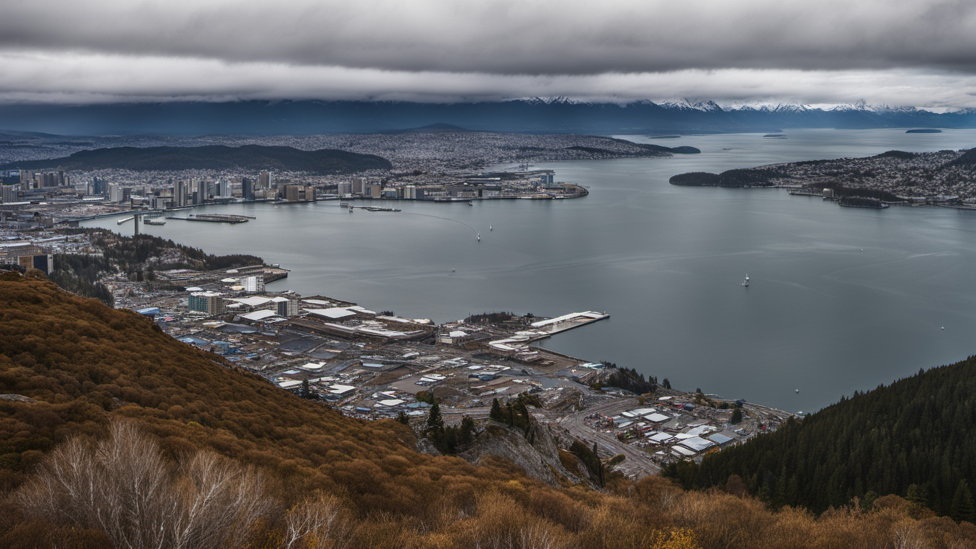 Generated Elliott Bay and city waterfront view with distant snow mountain