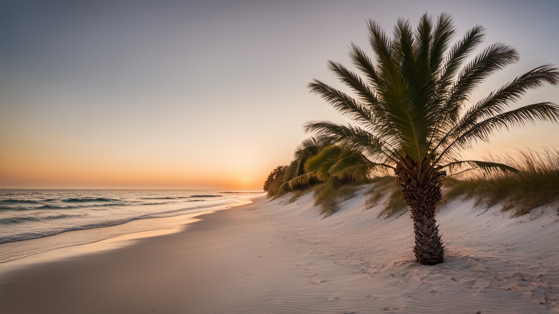 Generated calm Gulf beach shoreline with palm trees at sunrise