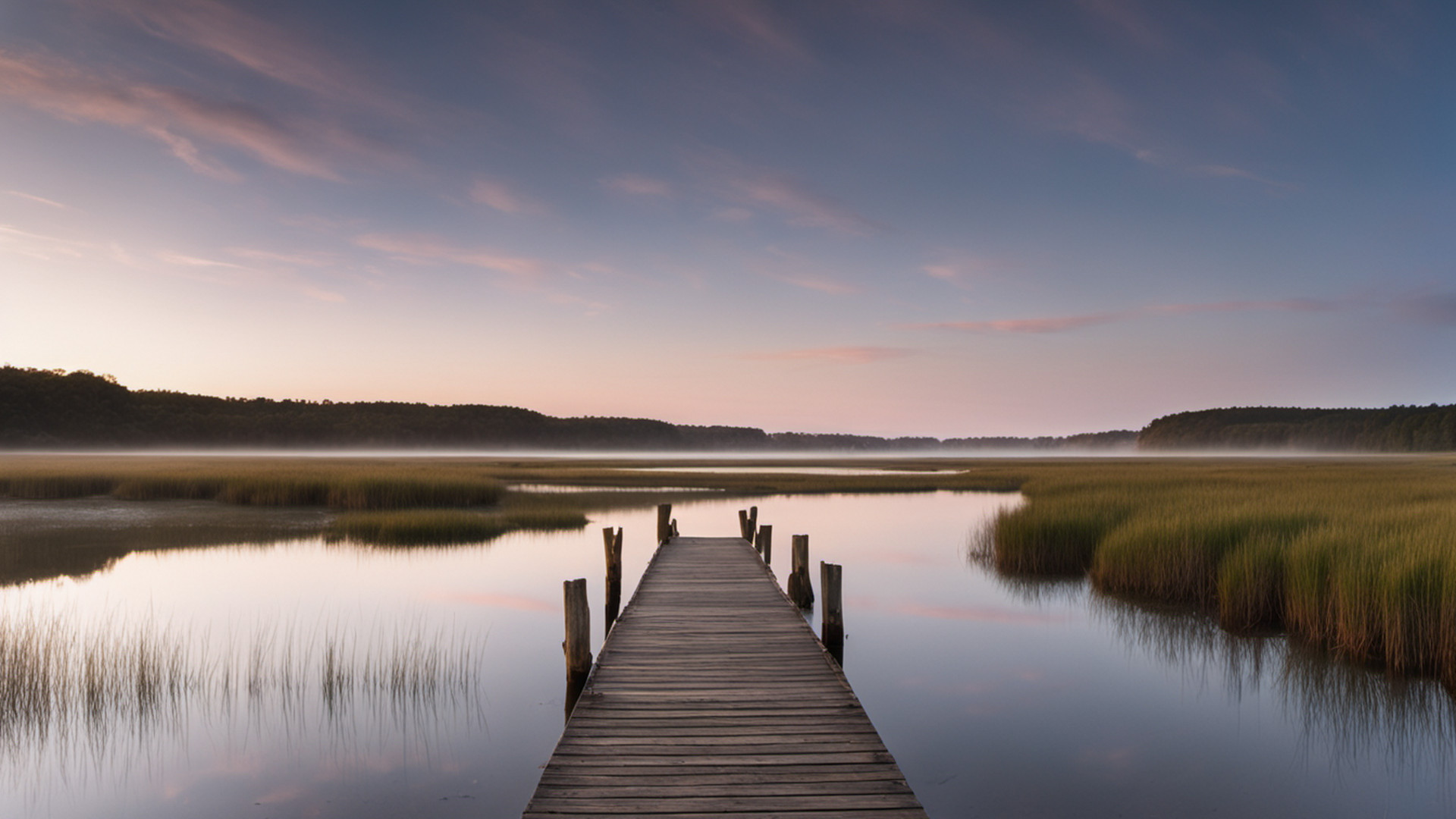 Generated calm bay shoreline at dawn with an empty wooden pier and small coves