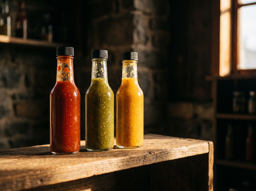 Editorial photo: three unlabeled glass hot sauce bottles on a shelf