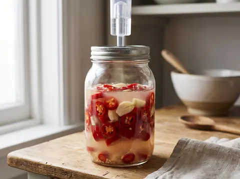 Editorial photo: glass fermentation jar with sliced peppers and brine