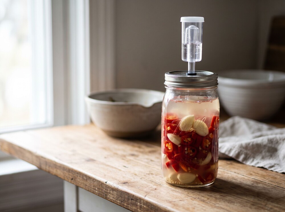Editorial photo: glass fermentation jar with sliced peppers and brine