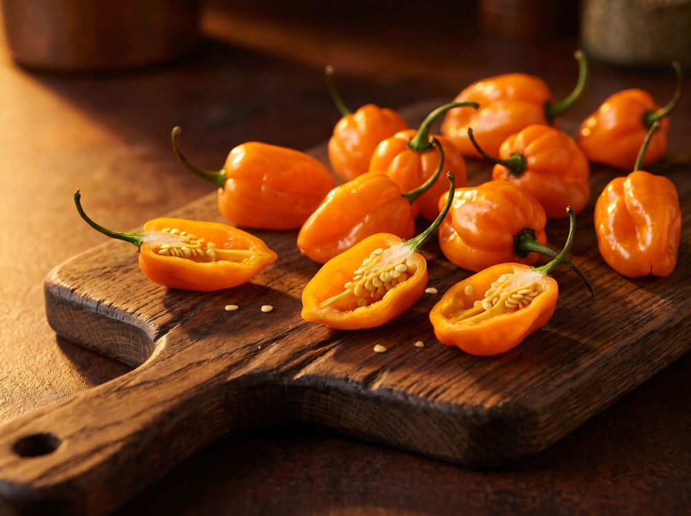 Editorial photo: ripe orange habanero peppers on a wooden board