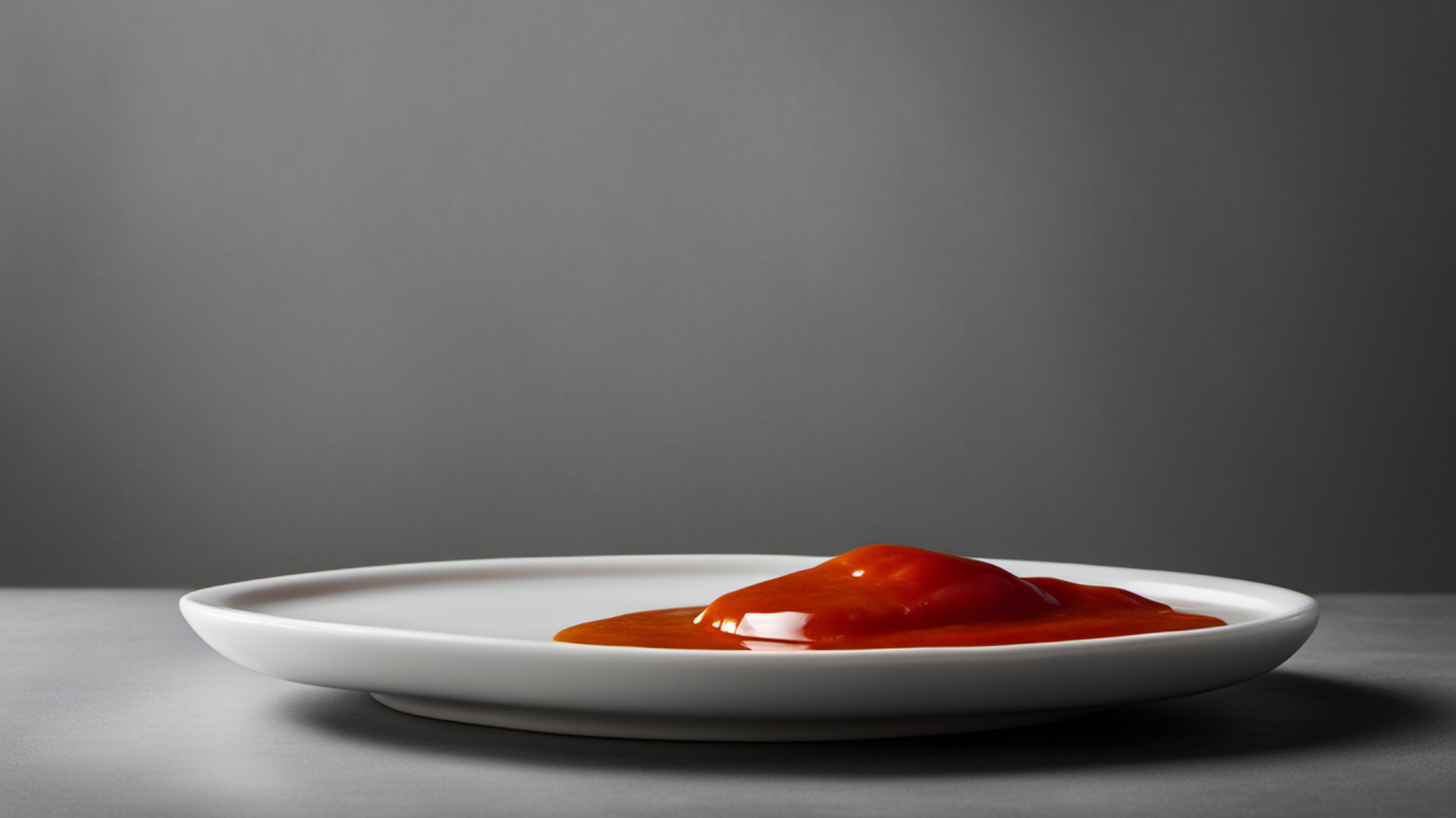 Generated shallow white ceramic dish of generic hot sauce representing a published sauce style; not a real product, package or premises photo
