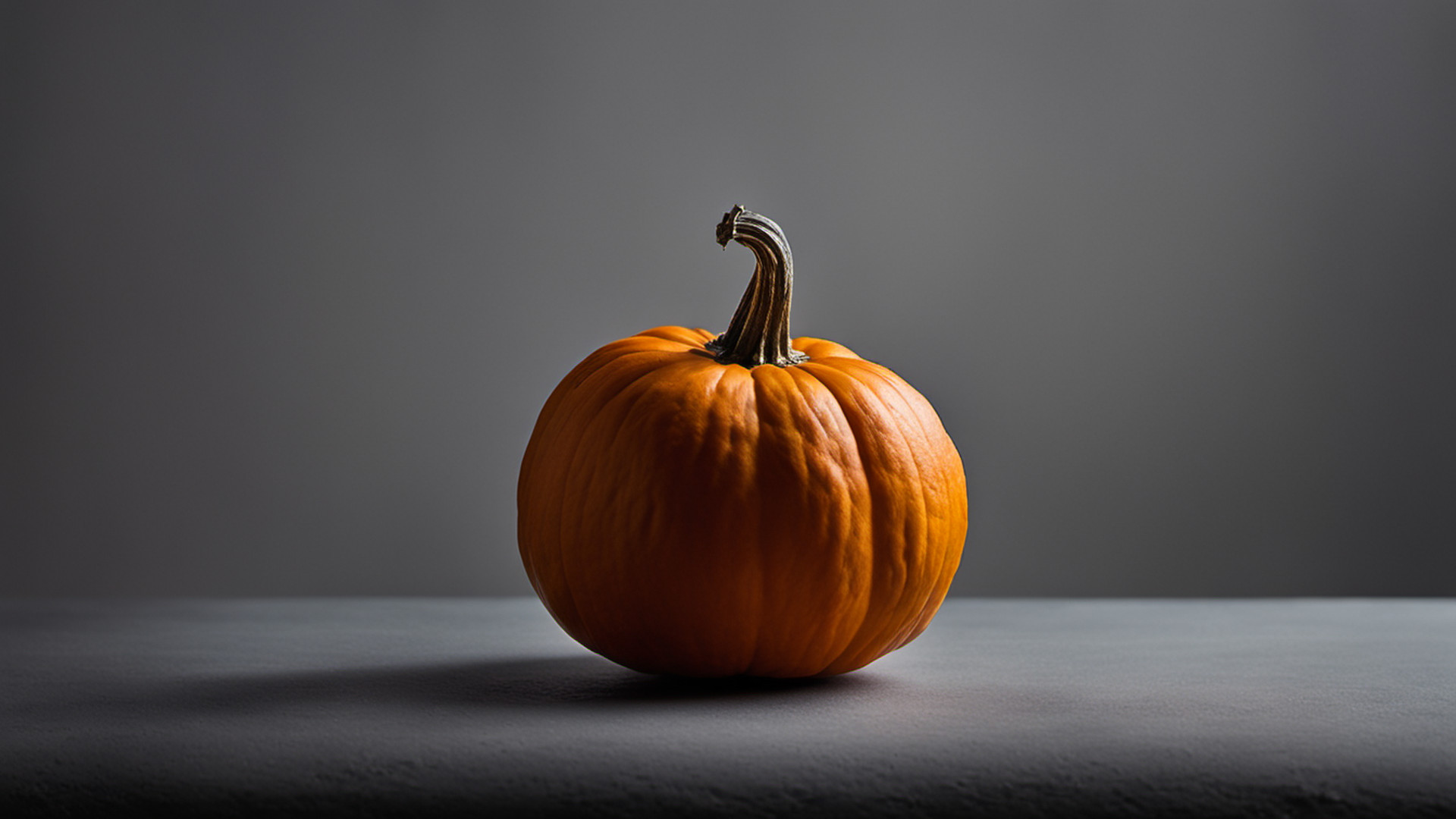 Generated single small orange pumpkin on a gray tabletop