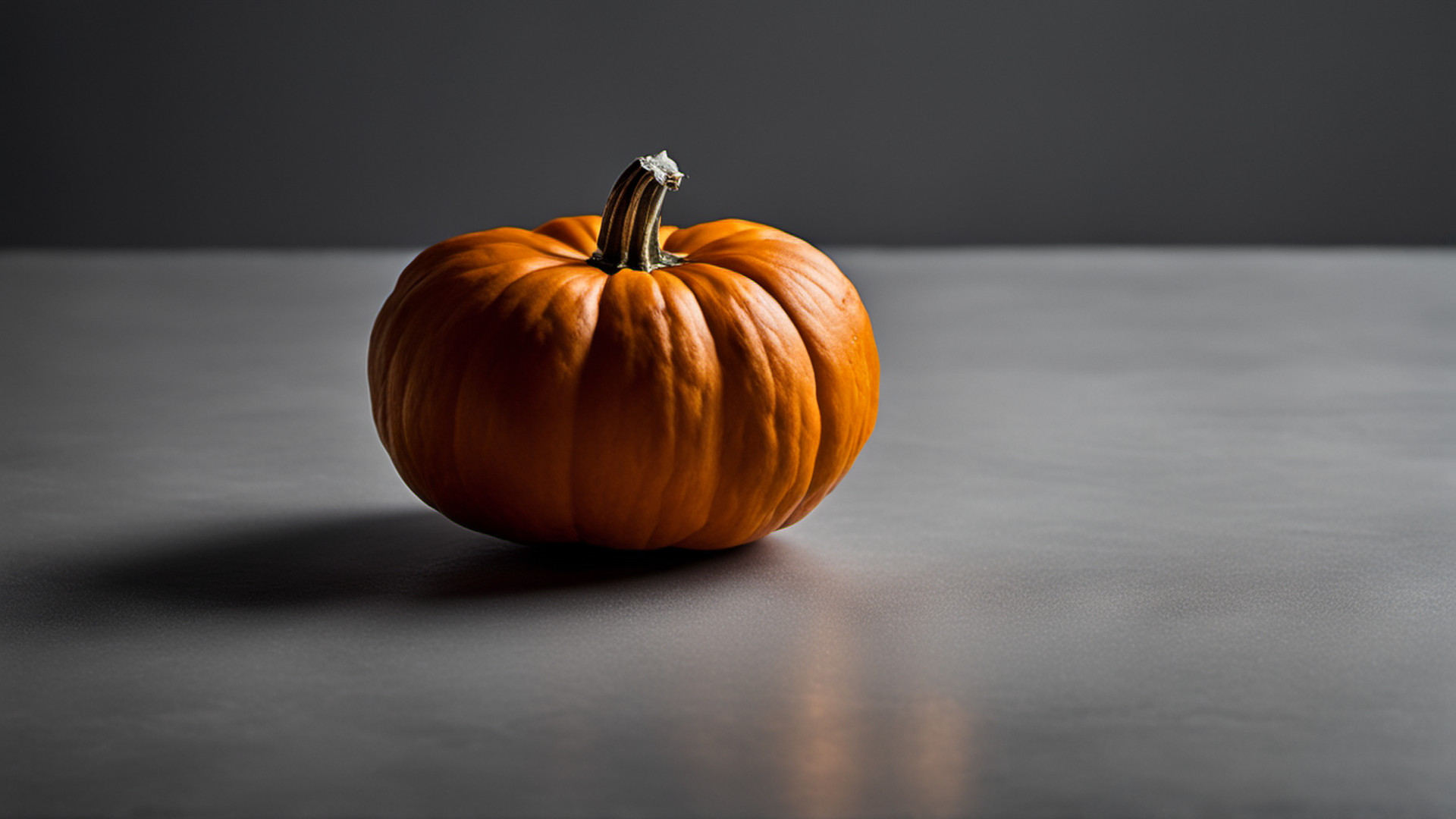 Generated single small orange pumpkin on a gray tabletop