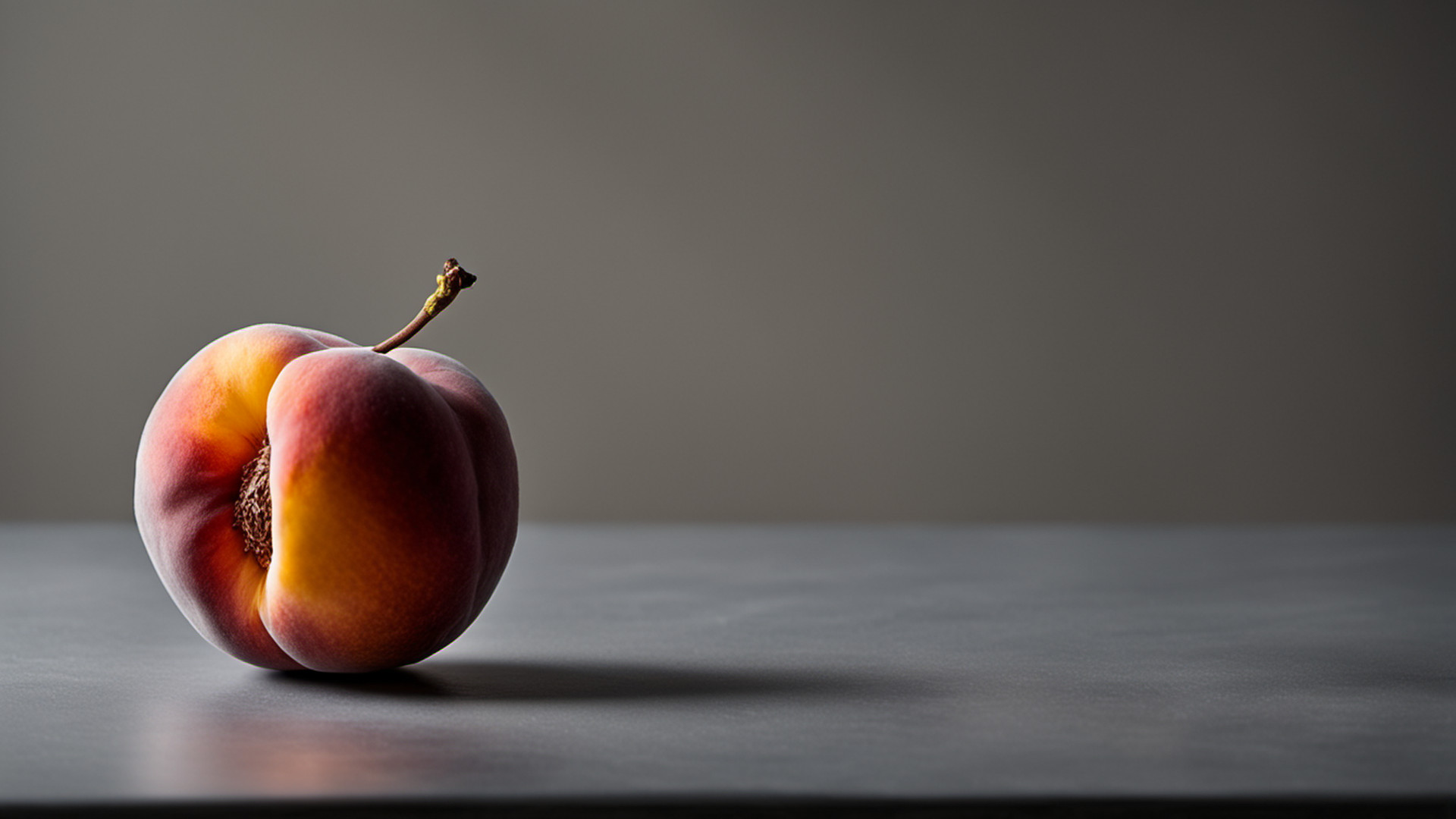 Generated single ripe peach on a gray tabletop