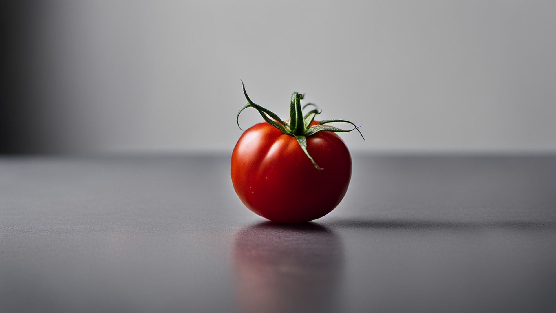 Generated single whole red tomato on a gray tabletop