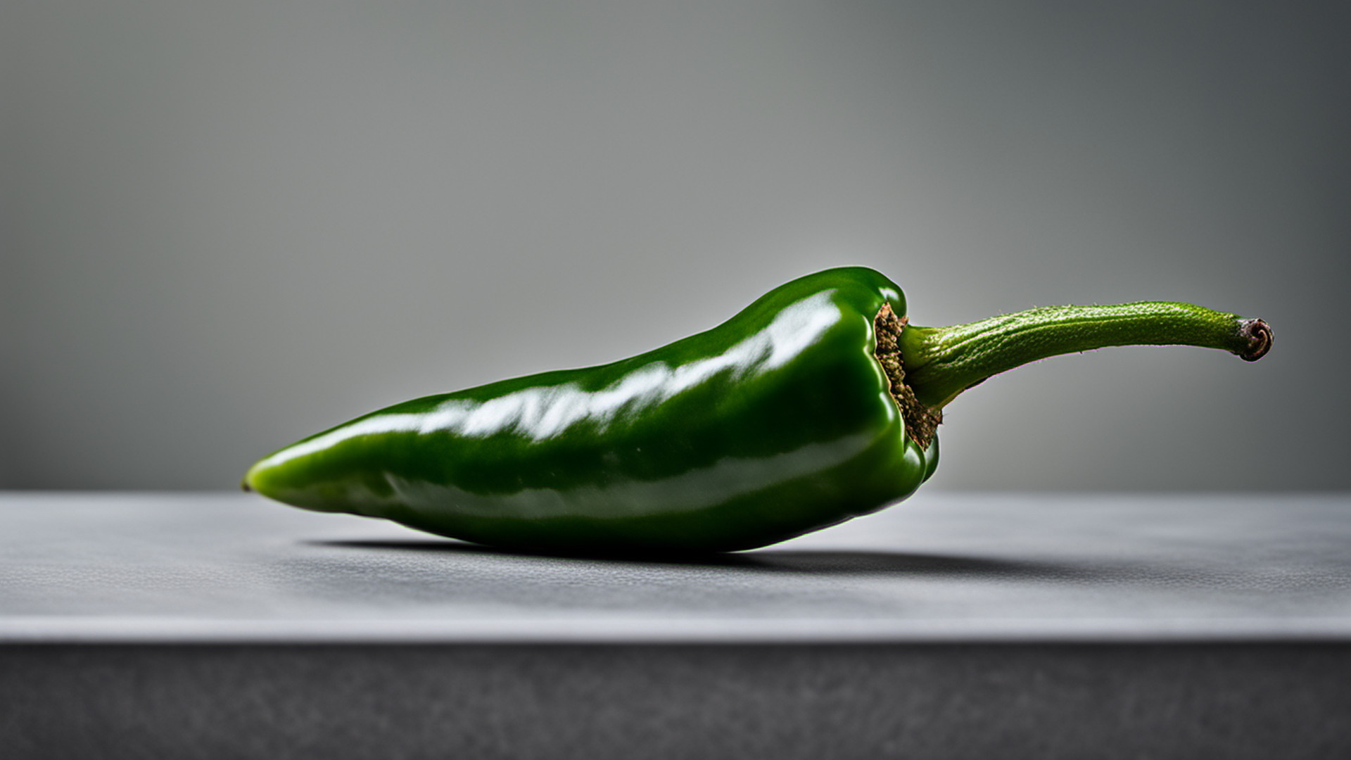 Generated single whole green jalapeño pepper on a gray tabletop