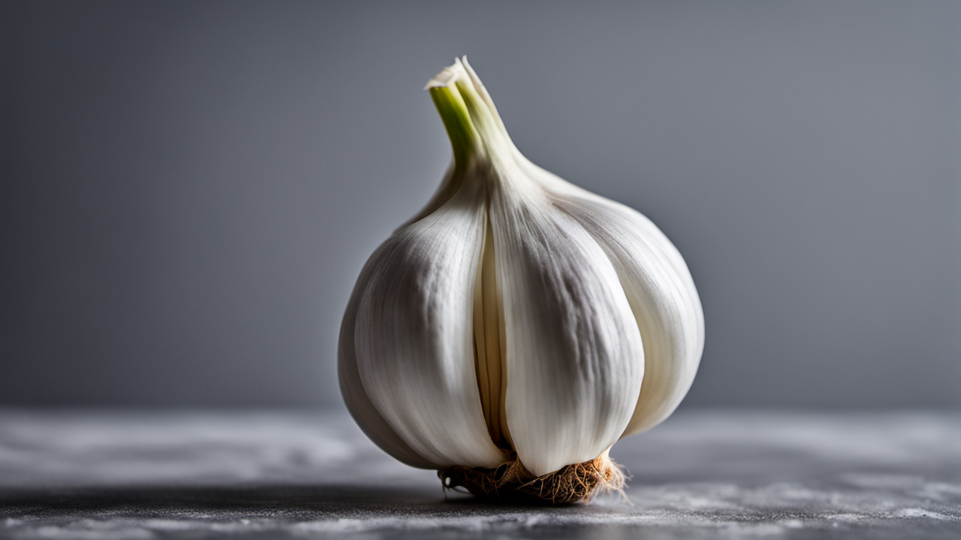 Generated single whole garlic bulb on a gray tabletop