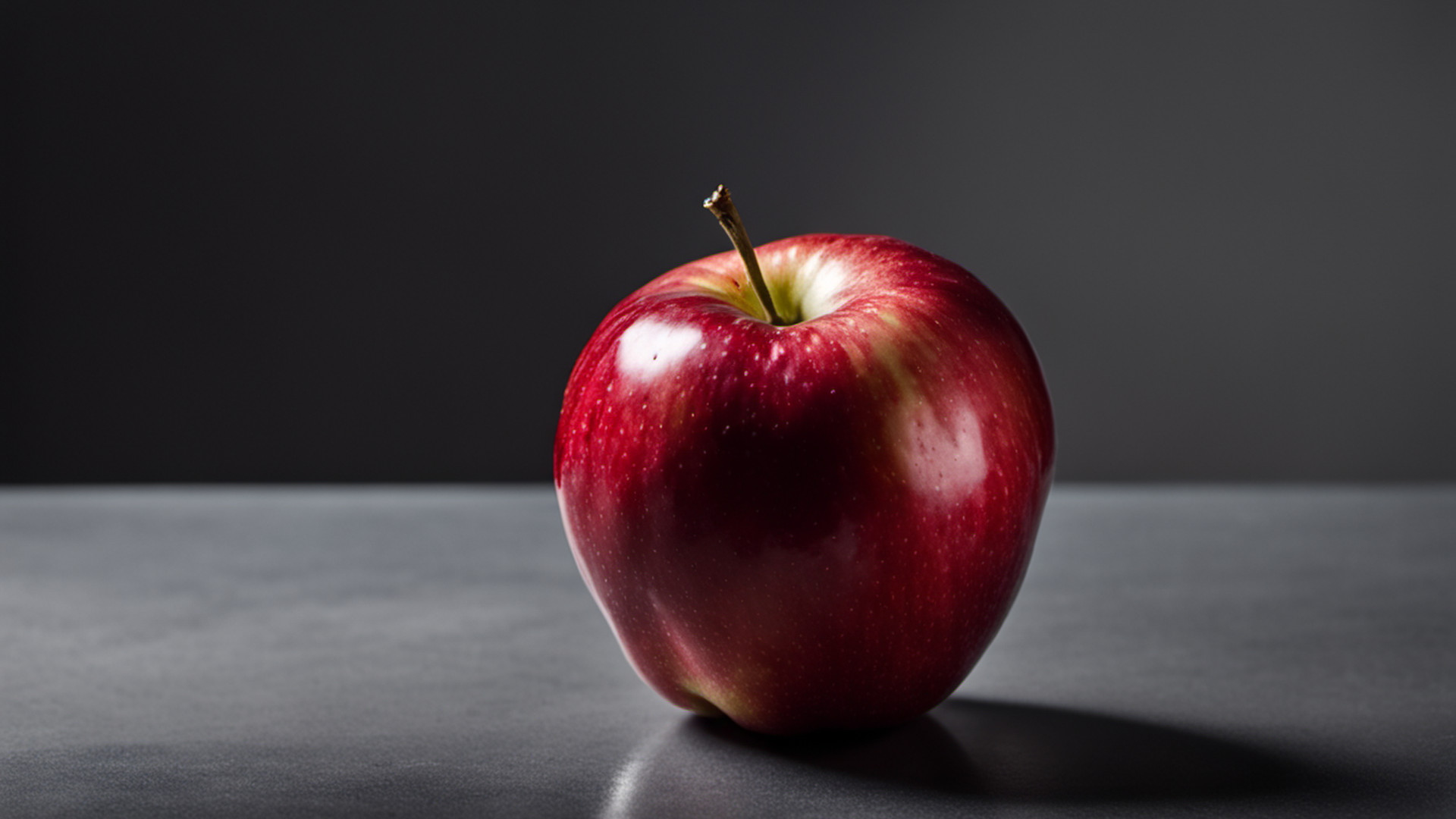 Generated single whole red apple on a gray tabletop