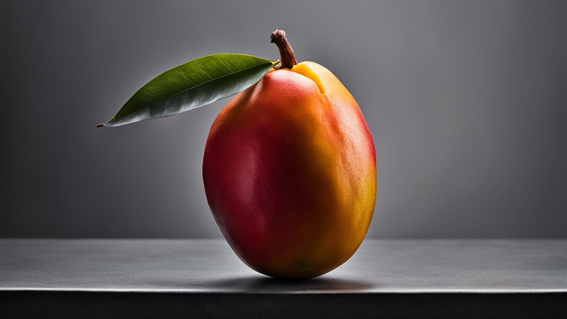 Generated single whole mango on a gray tabletop