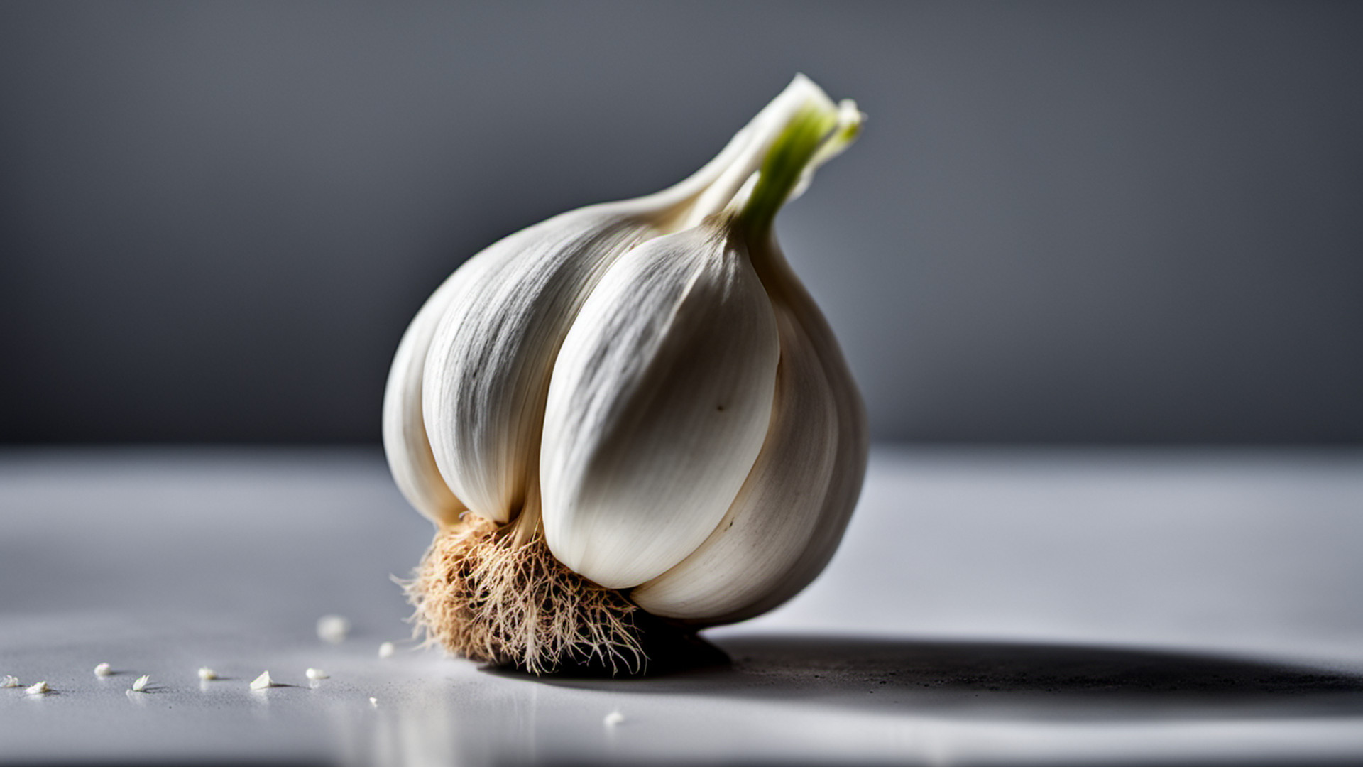 Generated single whole garlic bulb on a gray tabletop