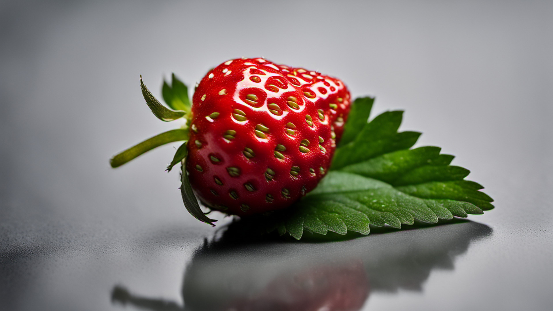 Generated single red strawberry on a gray tabletop